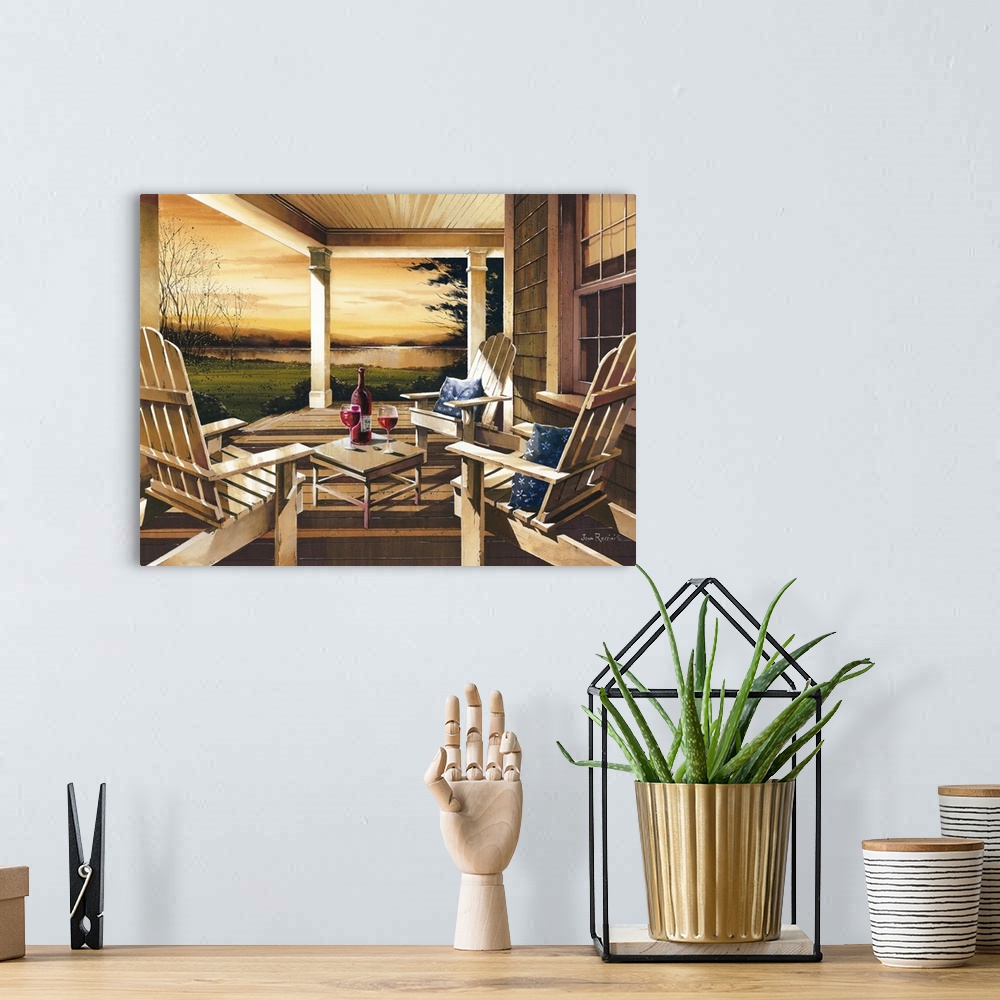 A bohemian room featuring Art print of adirondack chairs on a covered porch overlooking the lake in afternoon light.
