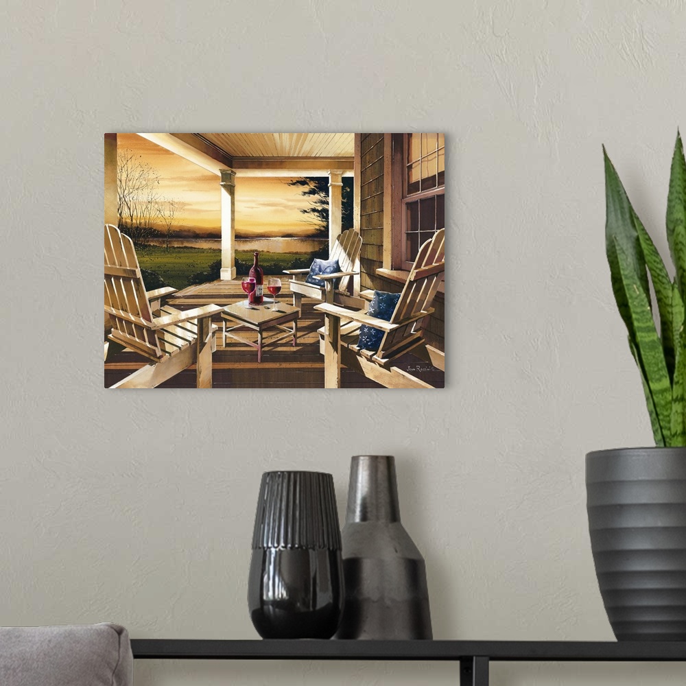 A modern room featuring Art print of adirondack chairs on a covered porch overlooking the lake in afternoon light.