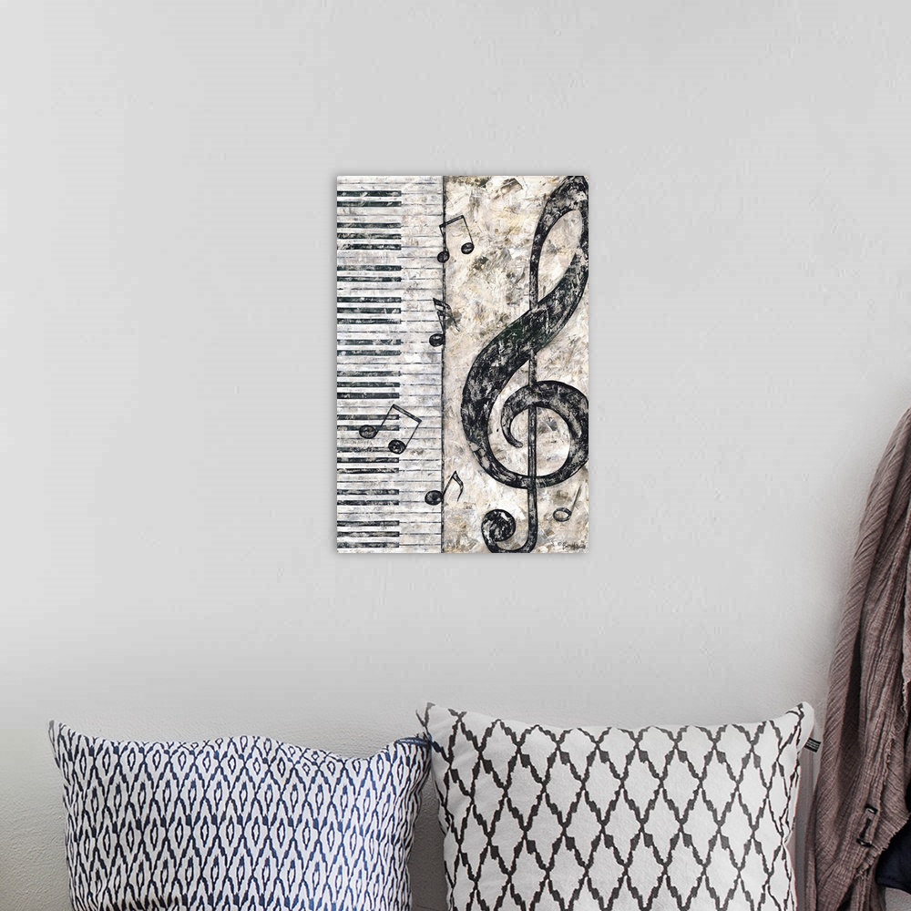 A bohemian room featuring Painting of a large treble clef next to a piano keyboard.