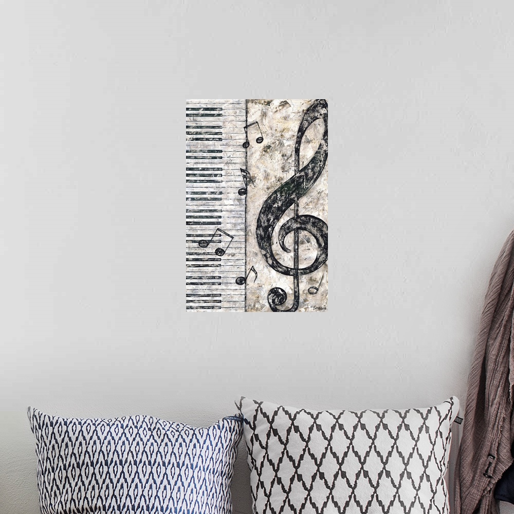 A bohemian room featuring Painting of a large treble clef next to a piano keyboard.