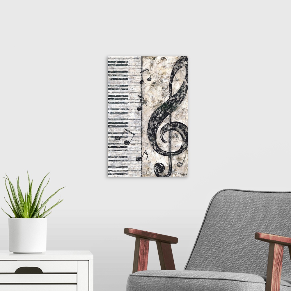 A modern room featuring Painting of a large treble clef next to a piano keyboard.