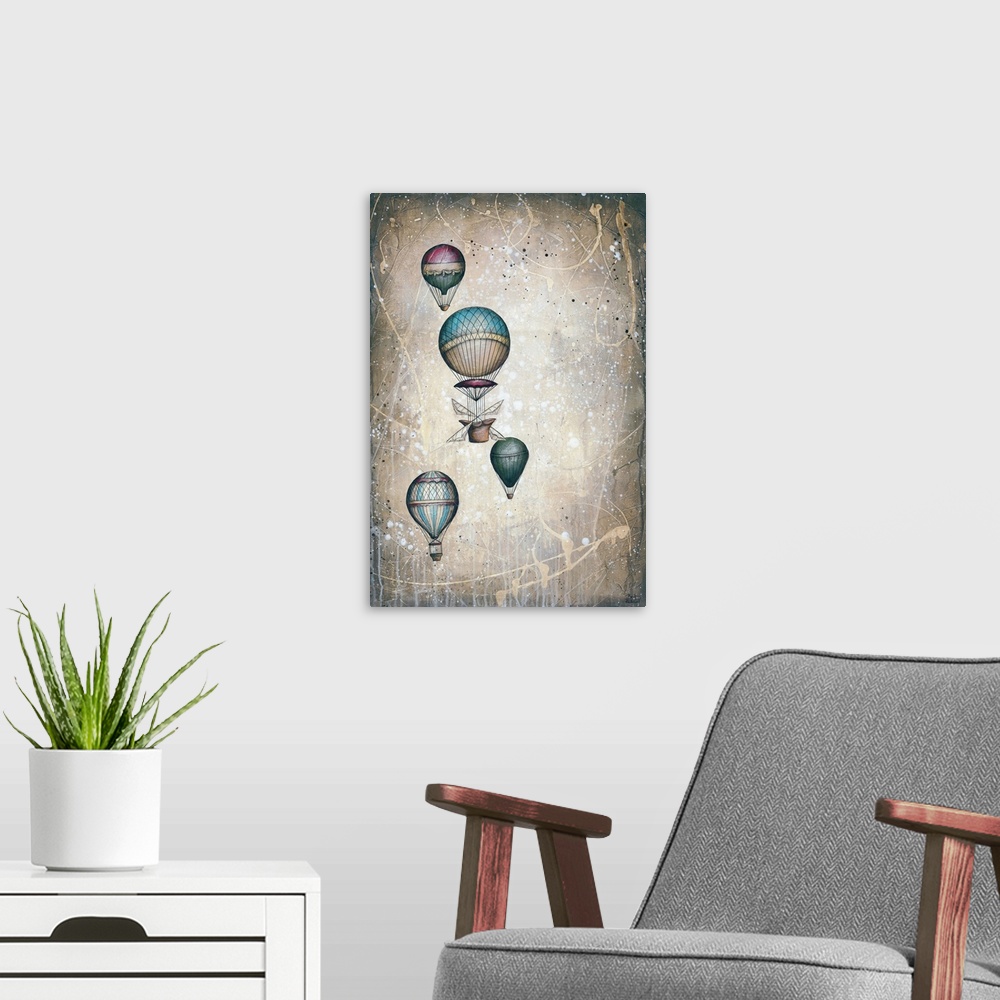 A modern room featuring Contemporary artwork of four patterned hot air balloons floating in the sky.