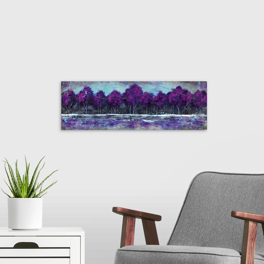 A modern room featuring Dreamy painting of a forest of deep purple trees at the edge of a clearing.