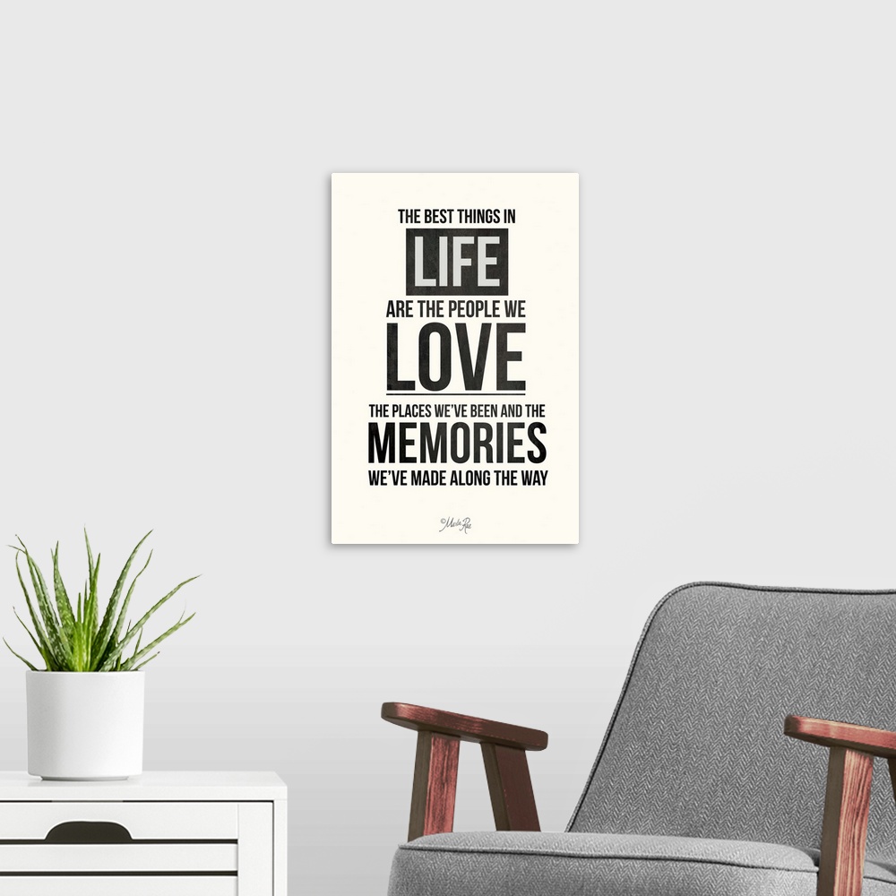 A modern room featuring Bold typography design in black and white about love, family, and memories.