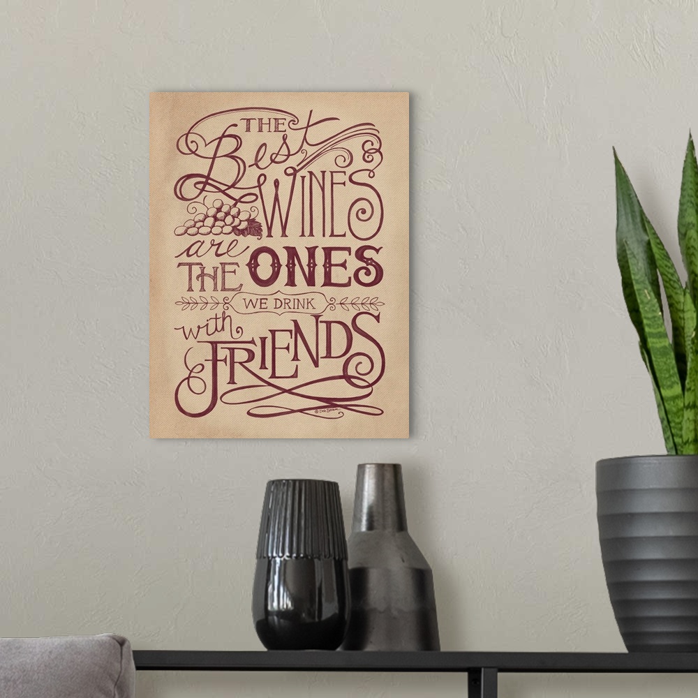 A modern room featuring Handlettered home decor art with dark red lettering against a distressed brown background.