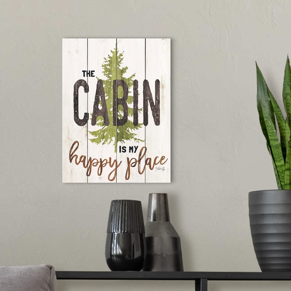 A modern room featuring Fun lodge-themed sign with a pine tree motif on a wooden board background.