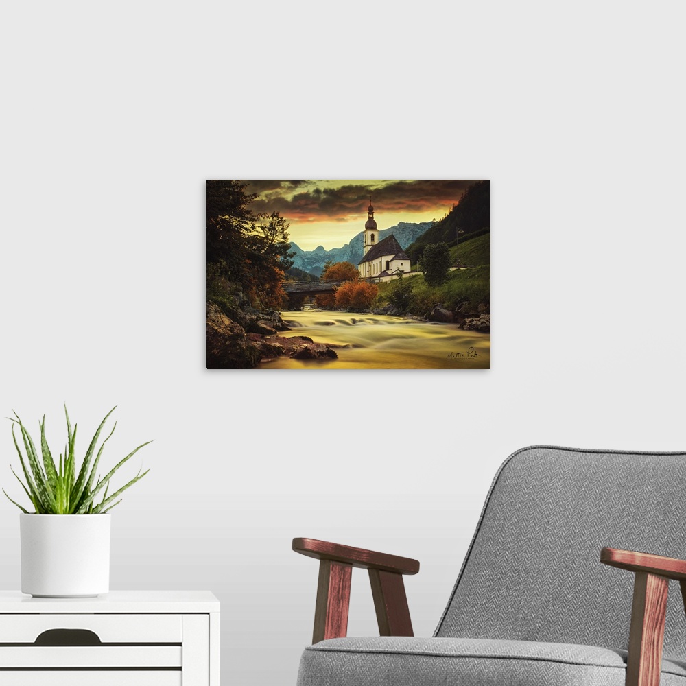 A modern room featuring Photograph of a peaceful landscape.