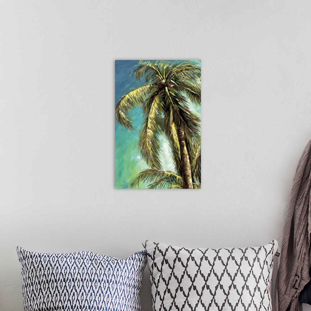 A bohemian room featuring Contemporary art print of a coconut palm with leafy fronds, swaying in the breeze.
