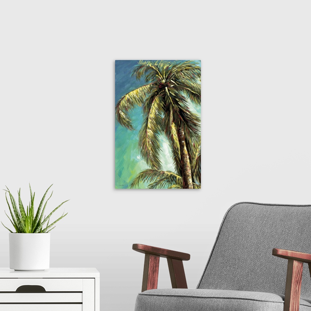A modern room featuring Contemporary art print of a coconut palm with leafy fronds, swaying in the breeze.