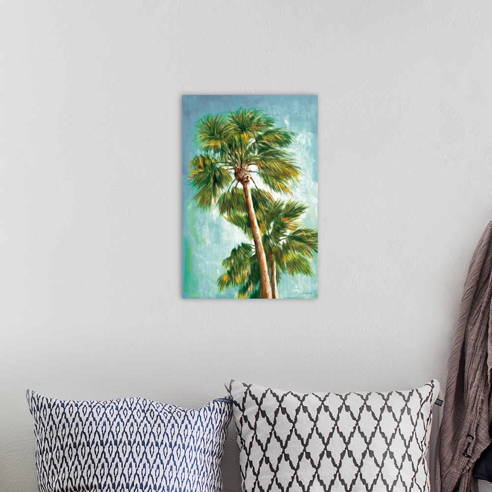 A bohemian room featuring Contemporary art print of a coconut palm with leafy fronds, swaying in the breeze.