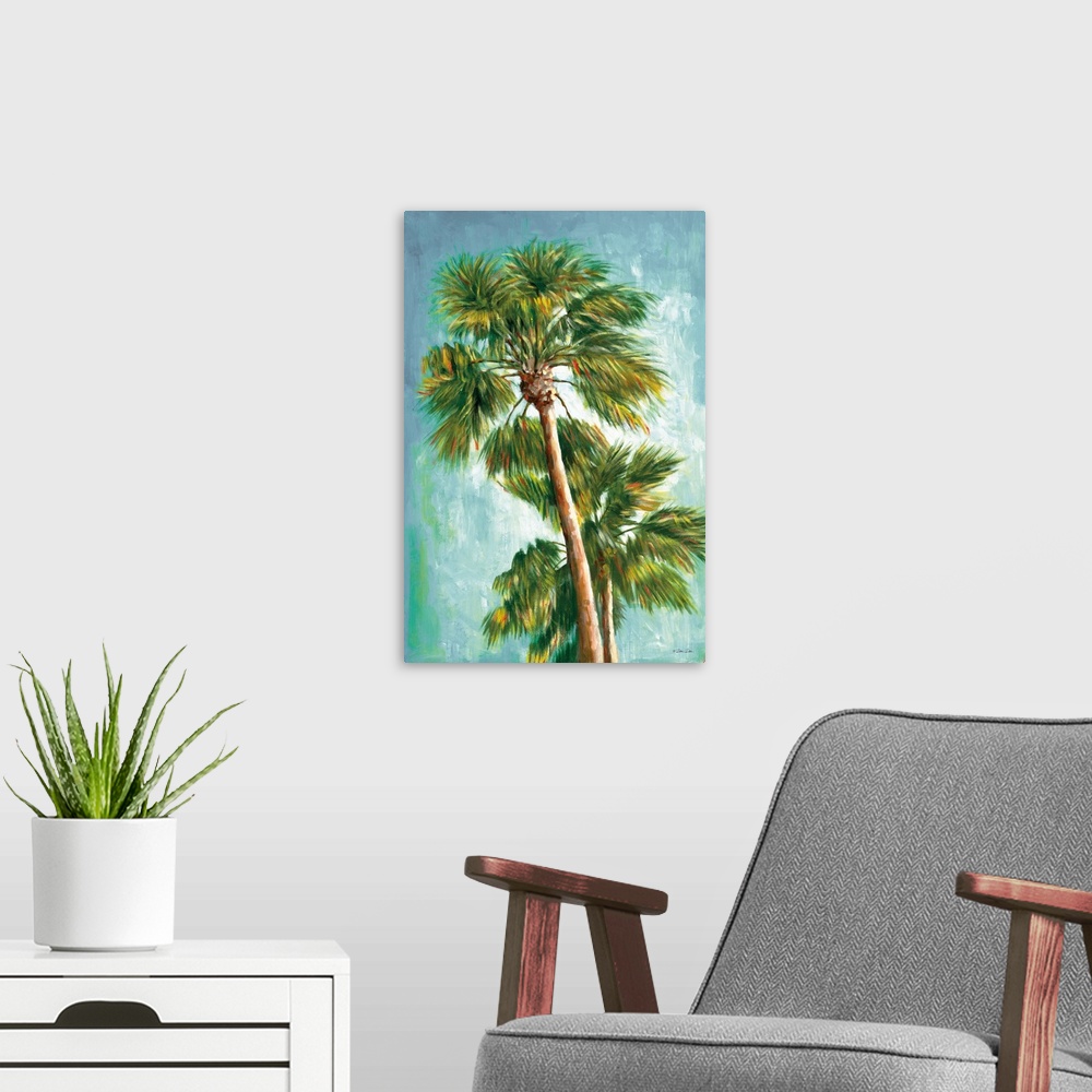 A modern room featuring Contemporary art print of a coconut palm with leafy fronds, swaying in the breeze.