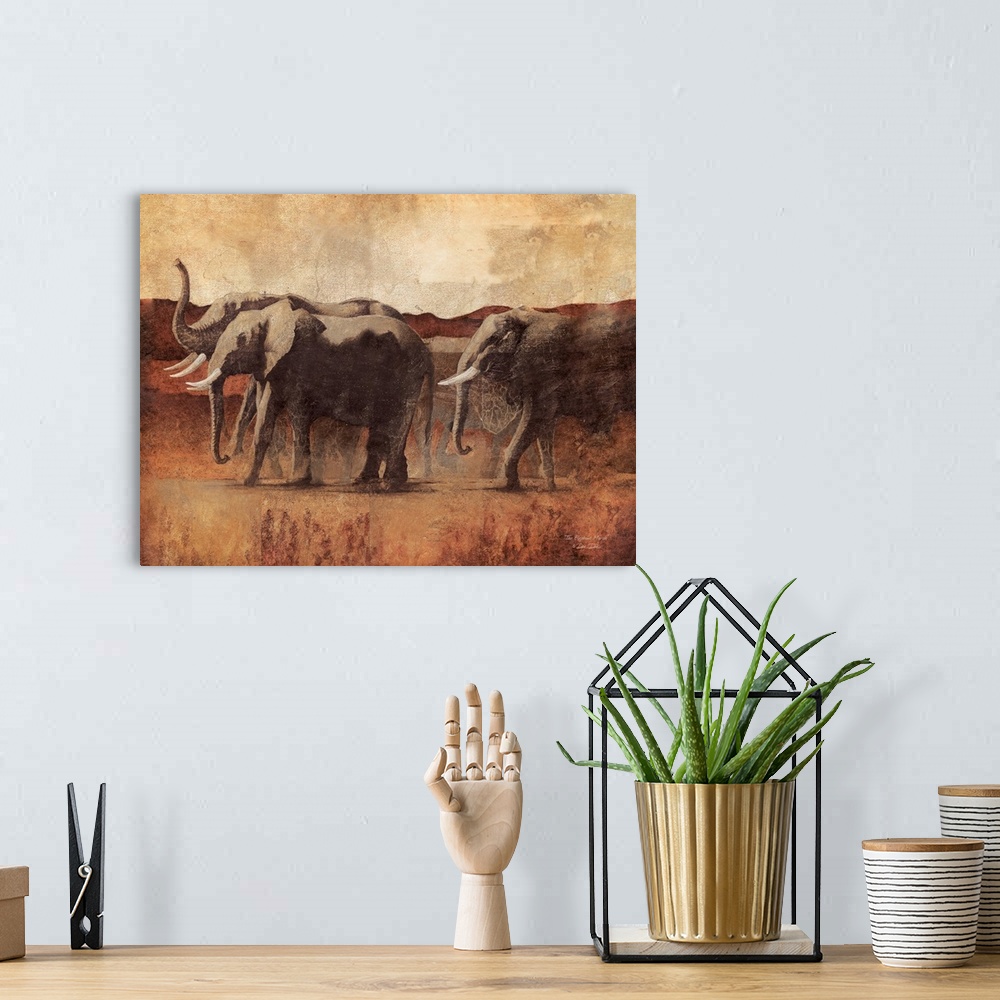 A bohemian room featuring Art print of three elephants walking in the savanna, in rich brown tones.