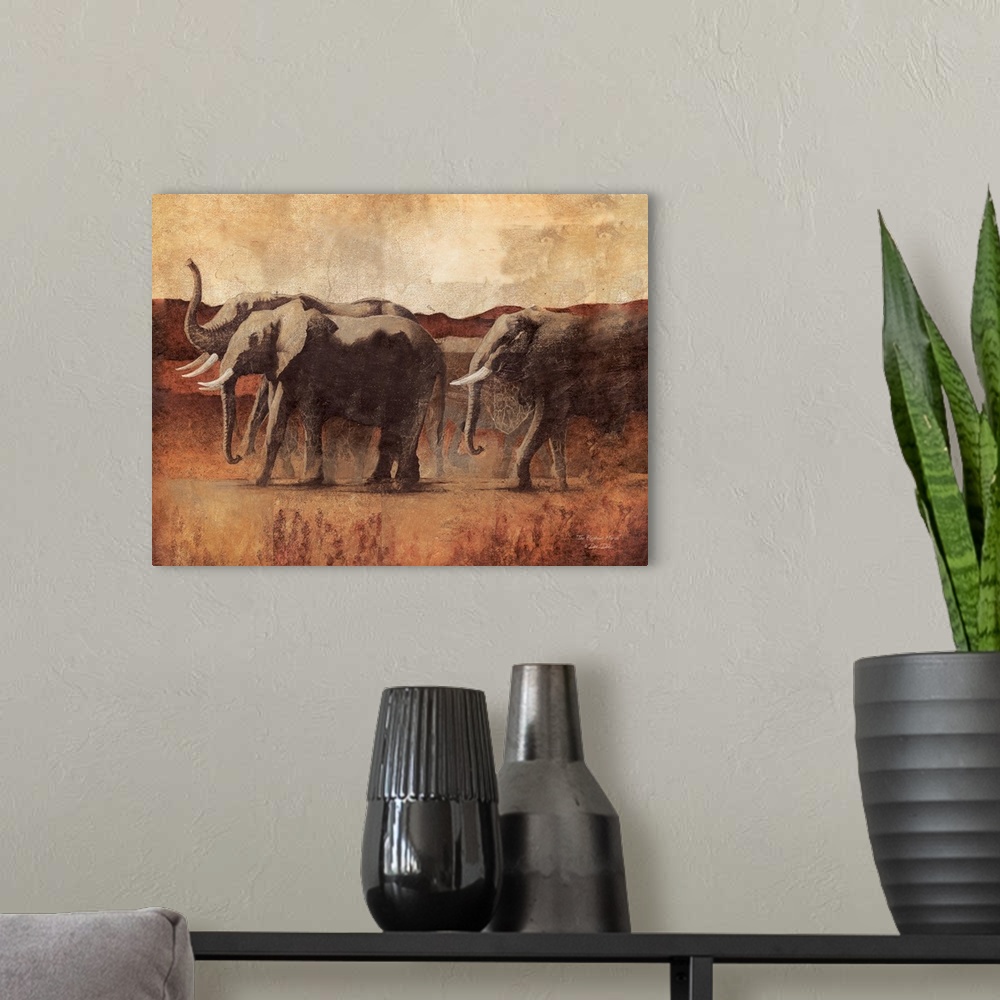 A modern room featuring Art print of three elephants walking in the savanna, in rich brown tones.