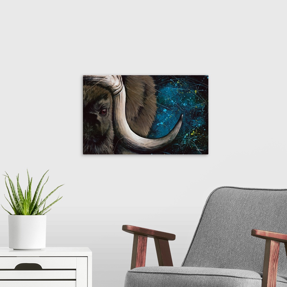 A modern room featuring Contemporary artwork of a close up musk ox's eye and horn.