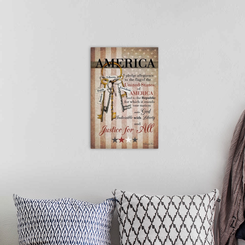A bohemian room featuring Patriotic word artwork of the Pledge of Allegiance.
