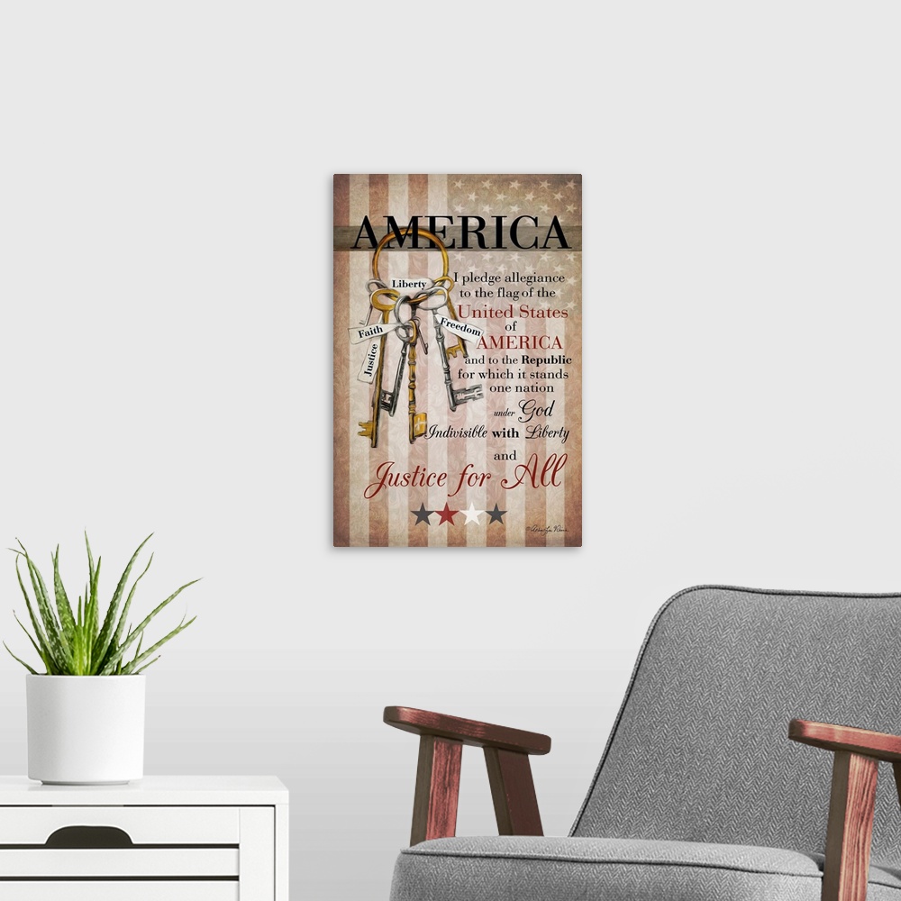 A modern room featuring Patriotic word artwork of the Pledge of Allegiance.