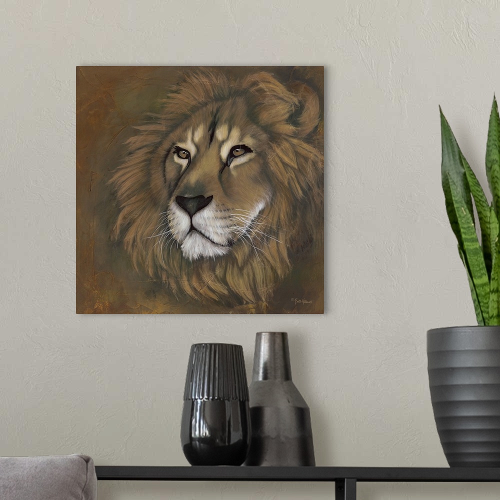 A modern room featuring A square contemporary painting of the majestic lion with textured brush strokes.
