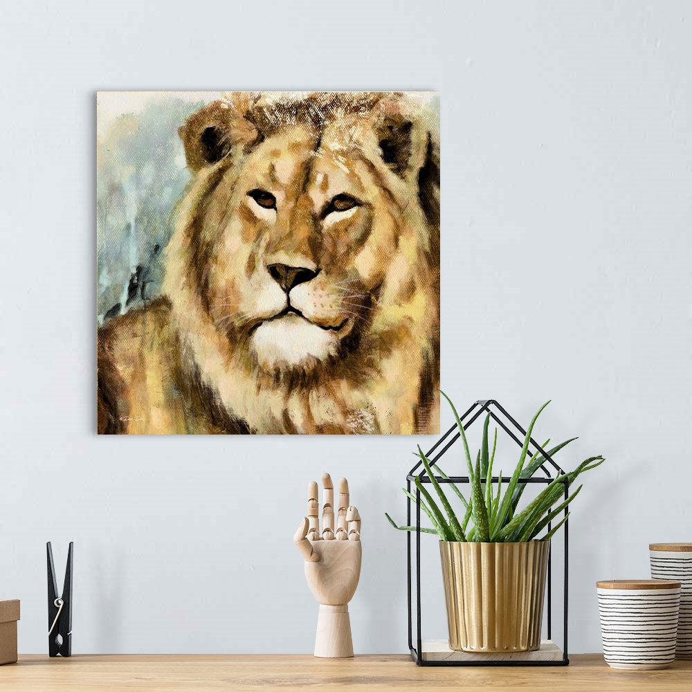 A bohemian room featuring Contemporary portrait of a lion with a slight smile.