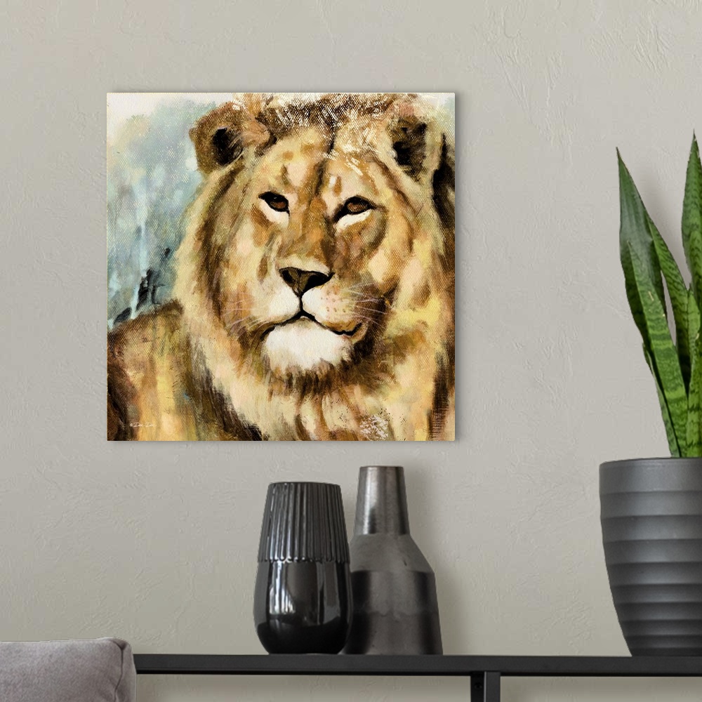 A modern room featuring Contemporary portrait of a lion with a slight smile.