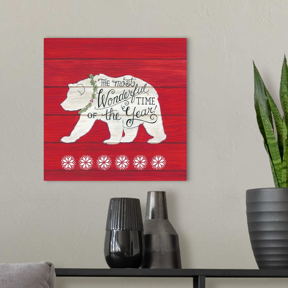 A modern room featuring The Most Wonderful Time Bear