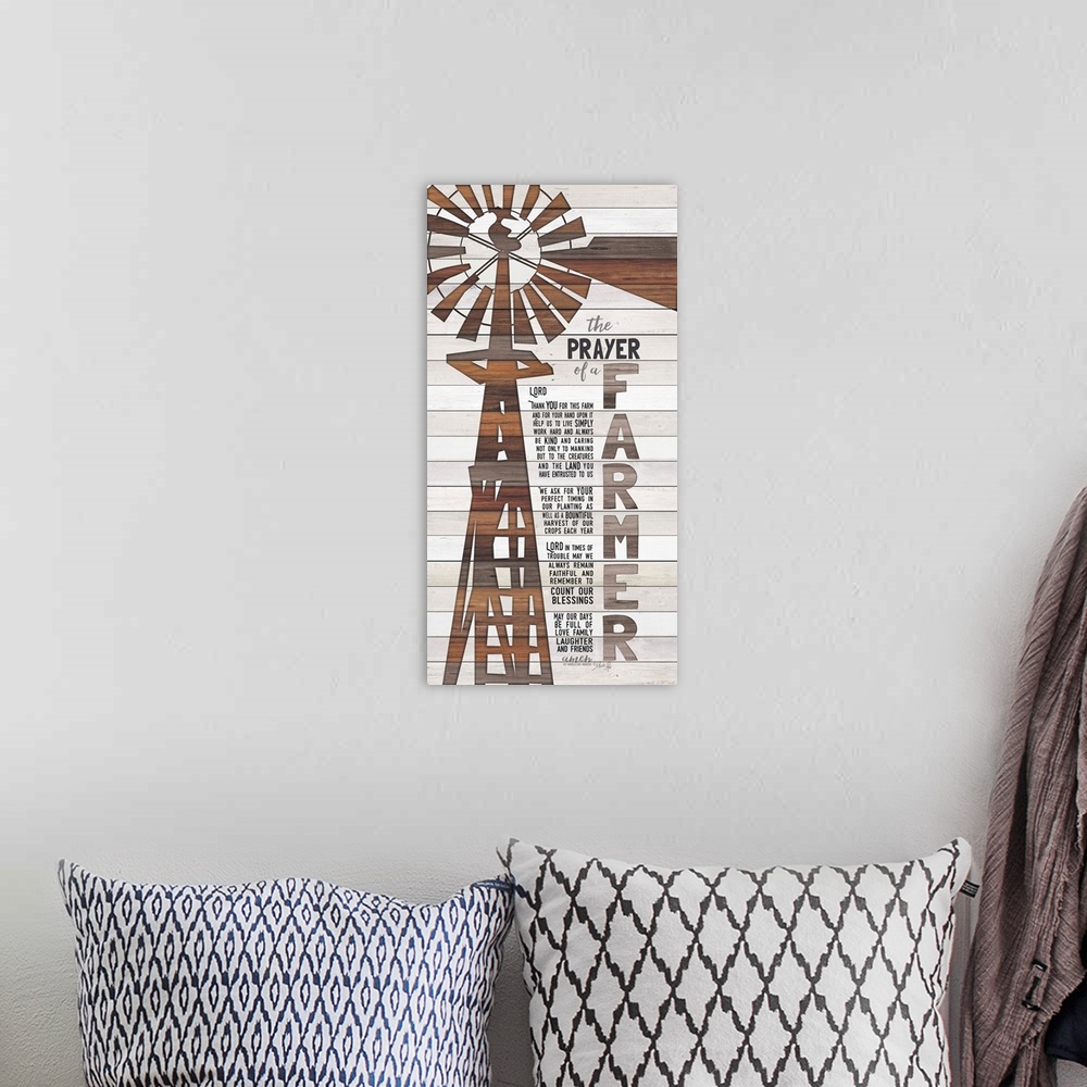 A bohemian room featuring A religious prayer for the life of a farmer with a windmill design on a wooden board background.