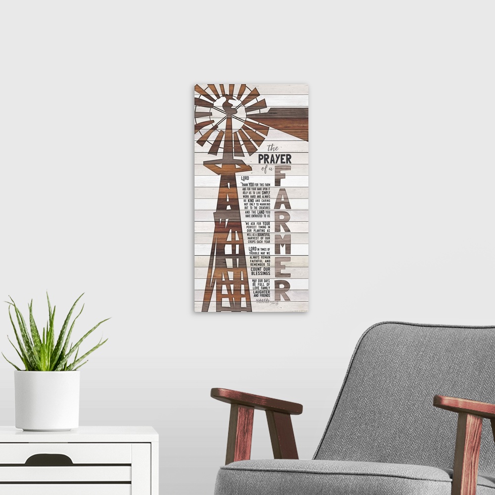 A modern room featuring A religious prayer for the life of a farmer with a windmill design on a wooden board background.