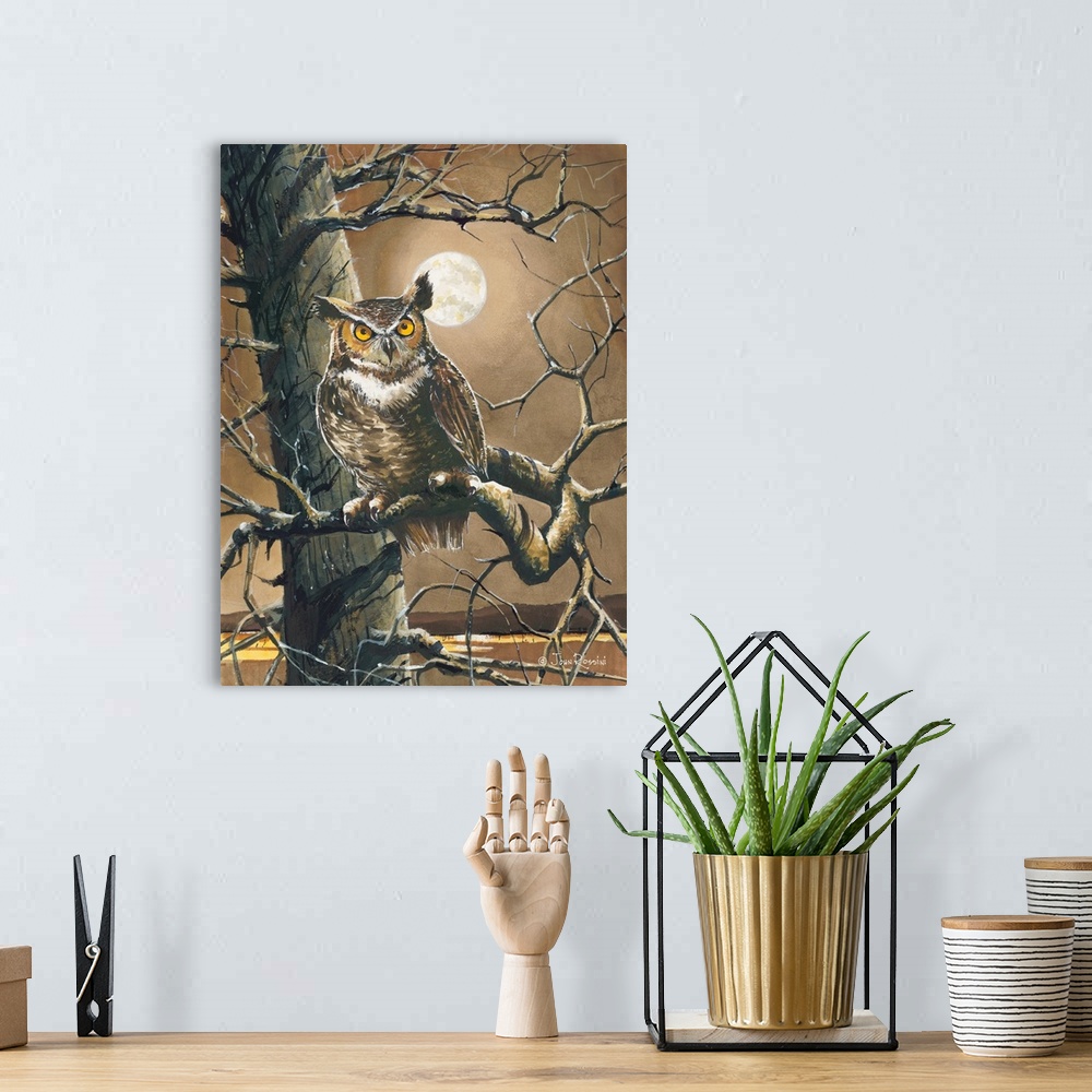 A bohemian room featuring Contemporary artwork of an owl perched on a branch with the moon in the background.