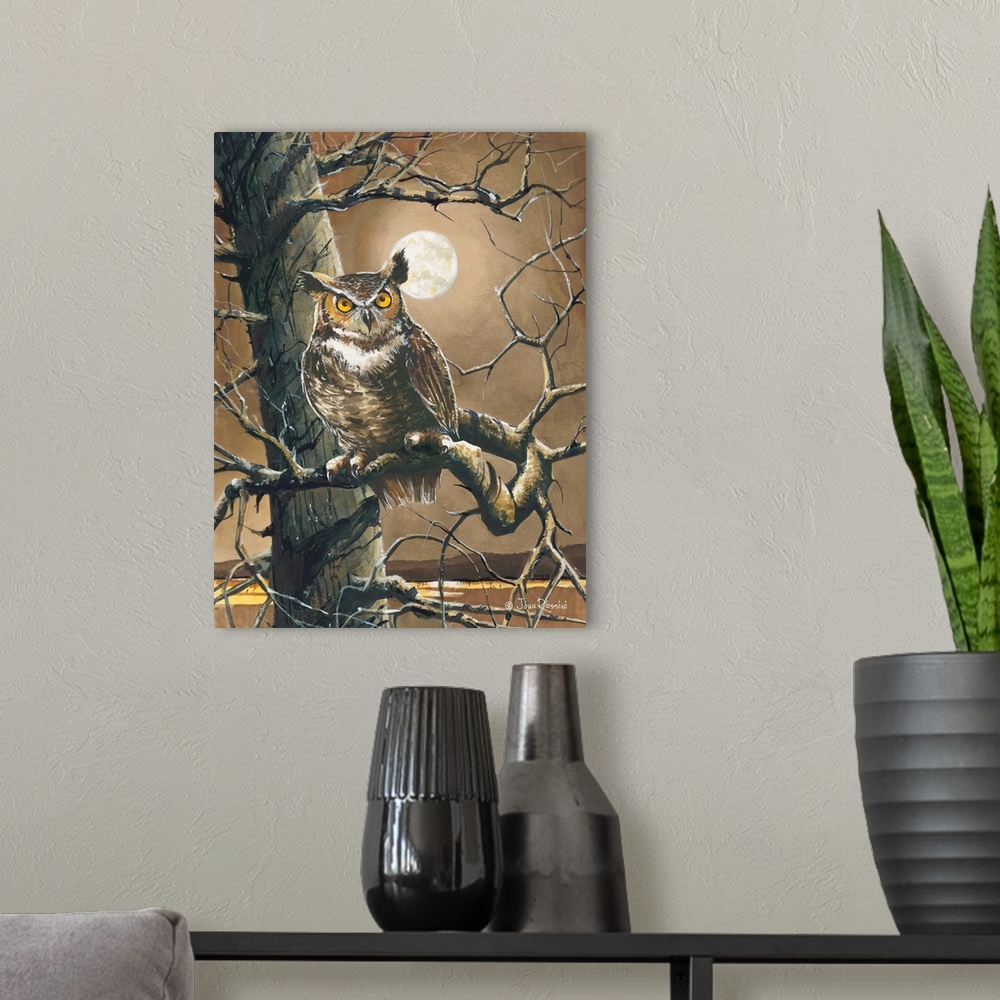 A modern room featuring Contemporary artwork of an owl perched on a branch with the moon in the background.