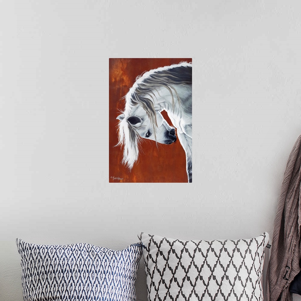 A bohemian room featuring Vertical contemporary painting of a muscular white horse on a rust background.