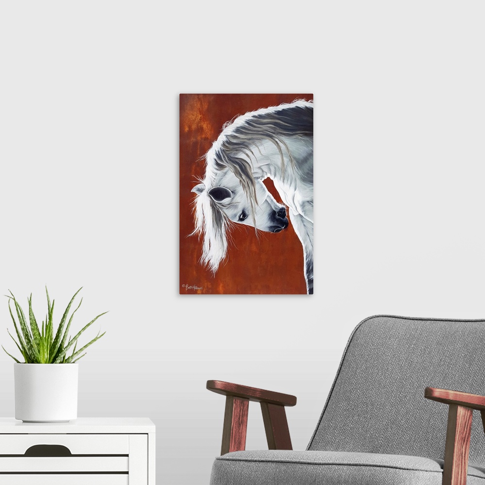 A modern room featuring Vertical contemporary painting of a muscular white horse on a rust background.