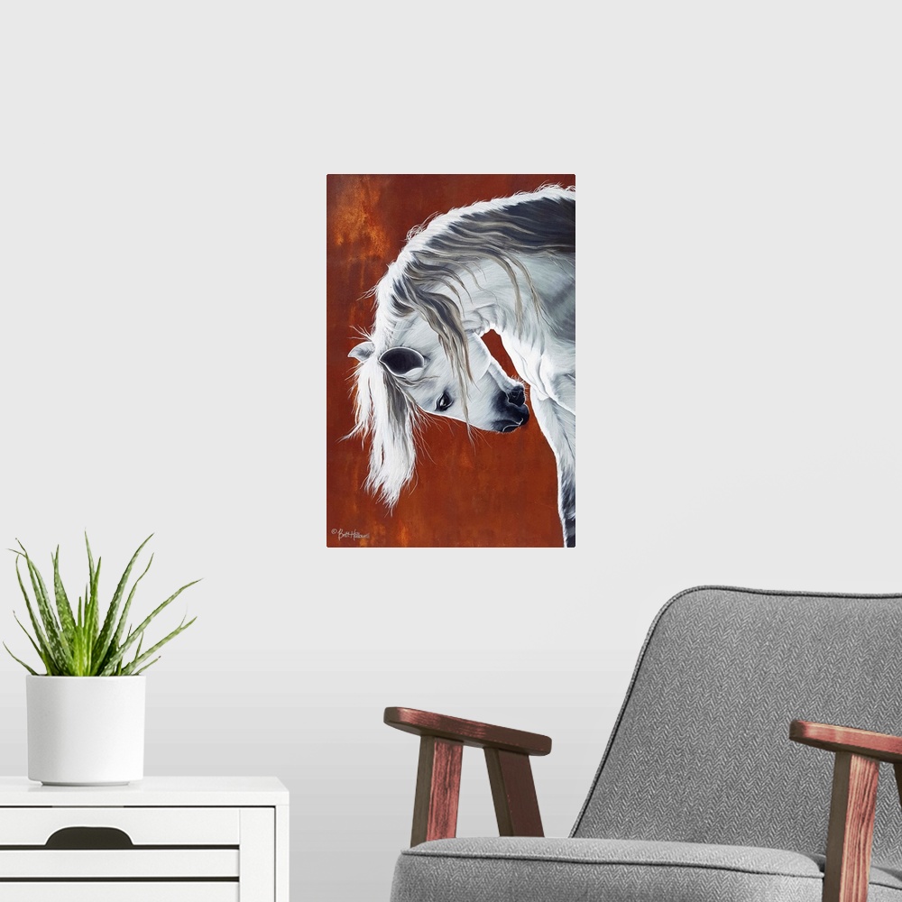 A modern room featuring Vertical contemporary painting of a muscular white horse on a rust background.