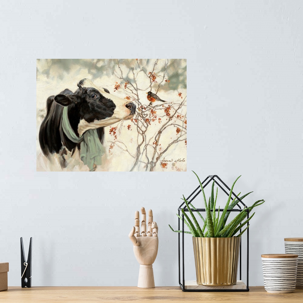 A bohemian room featuring Contemporary artwork of a cow meeting a winter robin against a mottled background.