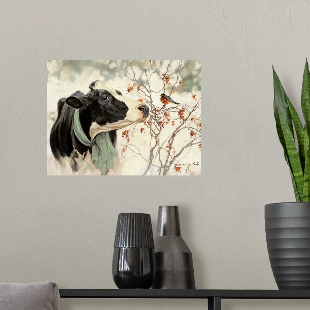A modern room featuring Contemporary artwork of a cow meeting a winter robin against a mottled background.