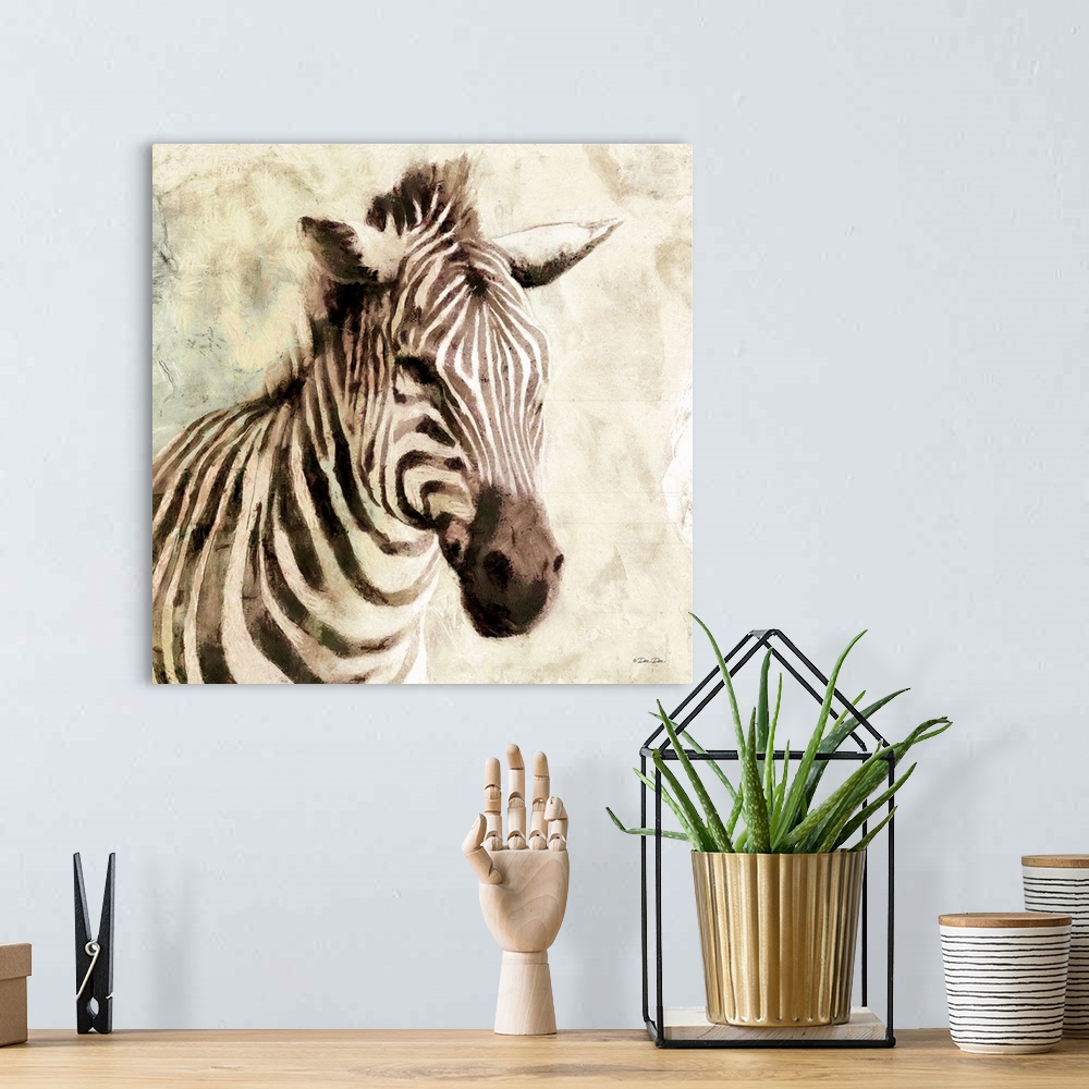 A bohemian room featuring Watercolor portrait of a zebra on a tan background.