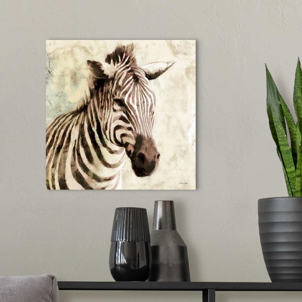 A modern room featuring Watercolor portrait of a zebra on a tan background.
