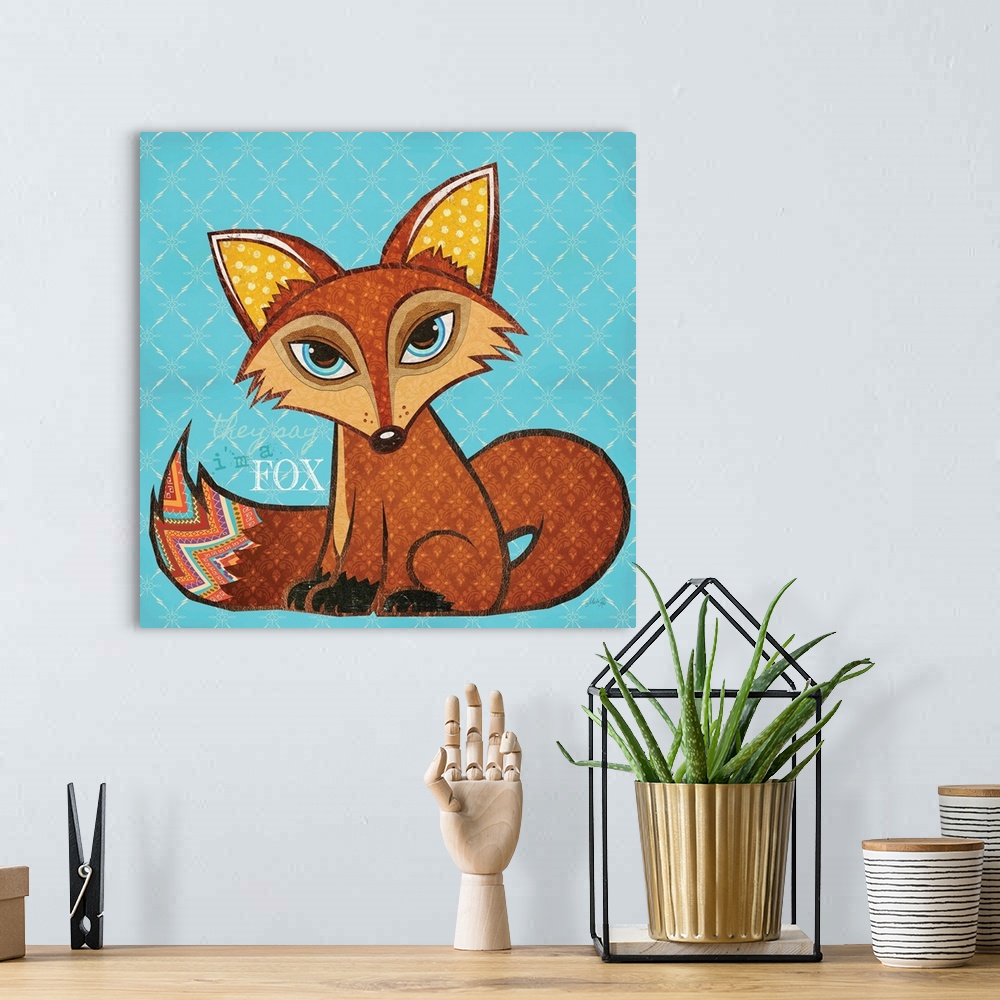 A bohemian room featuring Contemporary home decor art of a cute red fox against a beautiful blue patterned background.