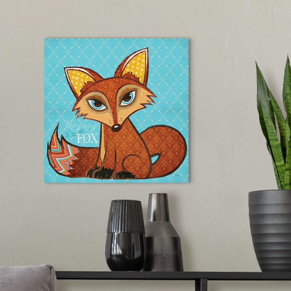 A modern room featuring Contemporary home decor art of a cute red fox against a beautiful blue patterned background.