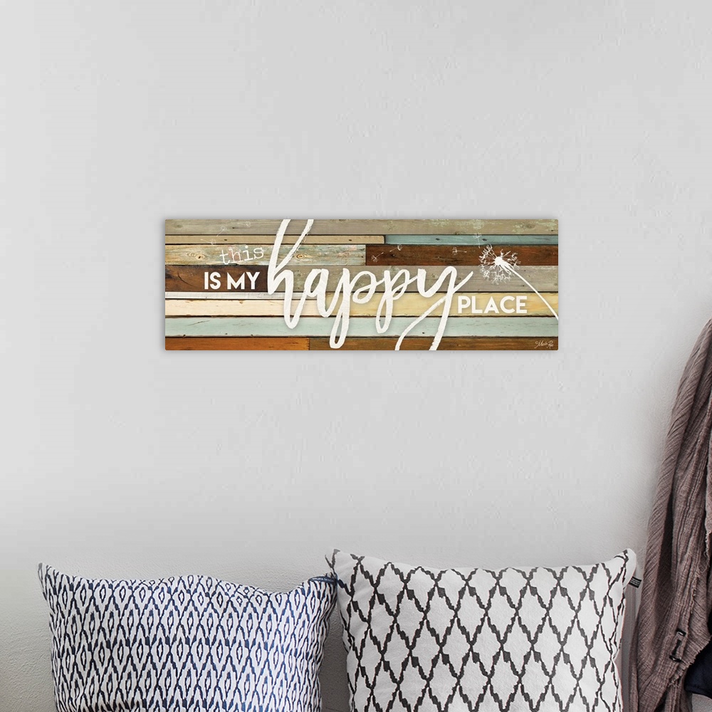 A bohemian room featuring "This is My Happy Place" with dandelion design on a wood plank background.
