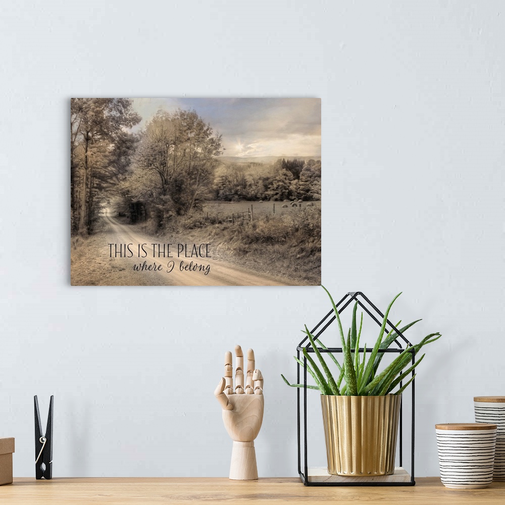 A bohemian room featuring Text over an image of a dirt road leading into a forest in the countryside.