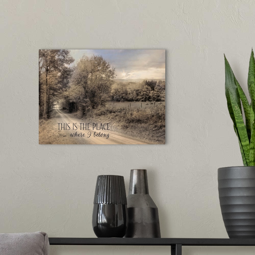 A modern room featuring Text over an image of a dirt road leading into a forest in the countryside.