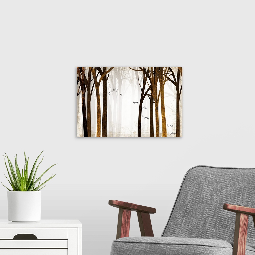 A modern room featuring Artwork of a bright forest with tall, slender trees and script text.