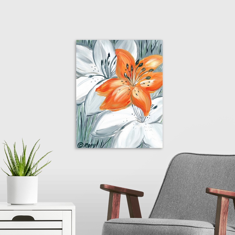 A modern room featuring A vertical contemporary painting of a orange tiger lily in the middle of white.