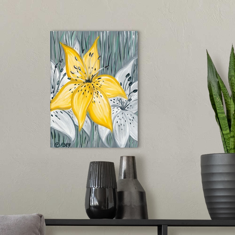 A modern room featuring A contemporary vertical painting of a yellow Tiger Lily.