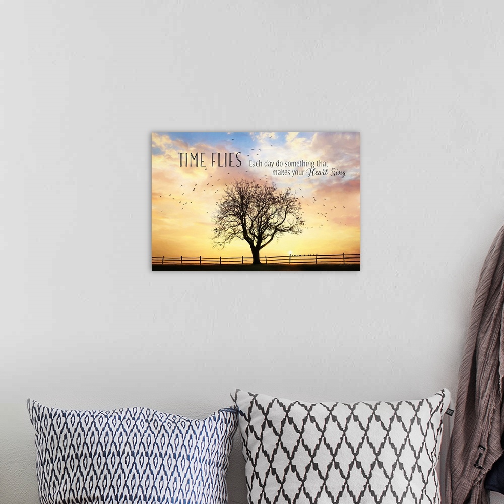 A bohemian room featuring Decorative artwork featuring the words: Time flies, each day do something that makes your heart s...