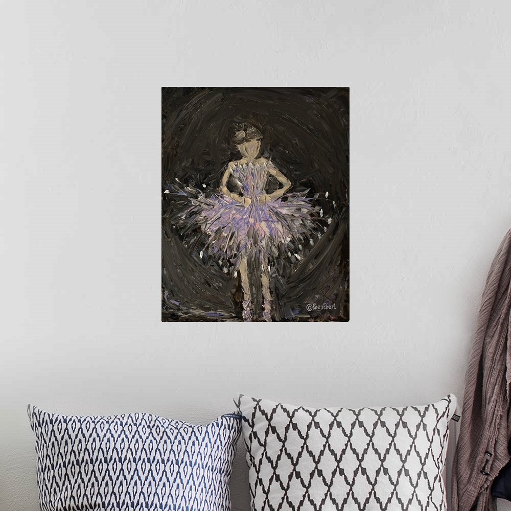 A bohemian room featuring Vertical abstract of a ballerina in purple artfully done in bold brush strokes.