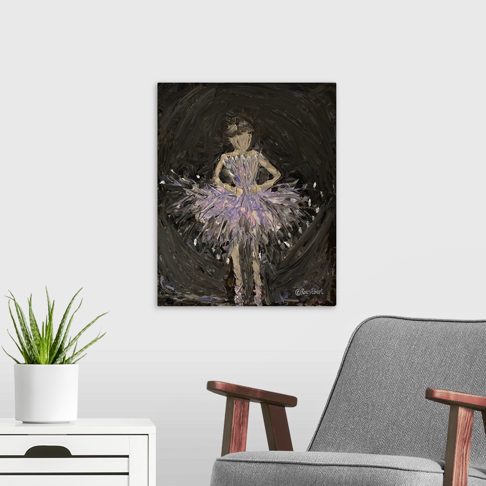 A modern room featuring Vertical abstract of a ballerina in purple artfully done in bold brush strokes.