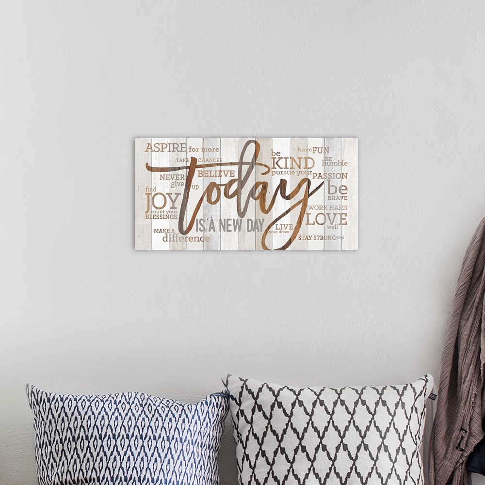 A bohemian room featuring Religious typography art with Christian-themed words surrounding Today Is A New Day in large text.