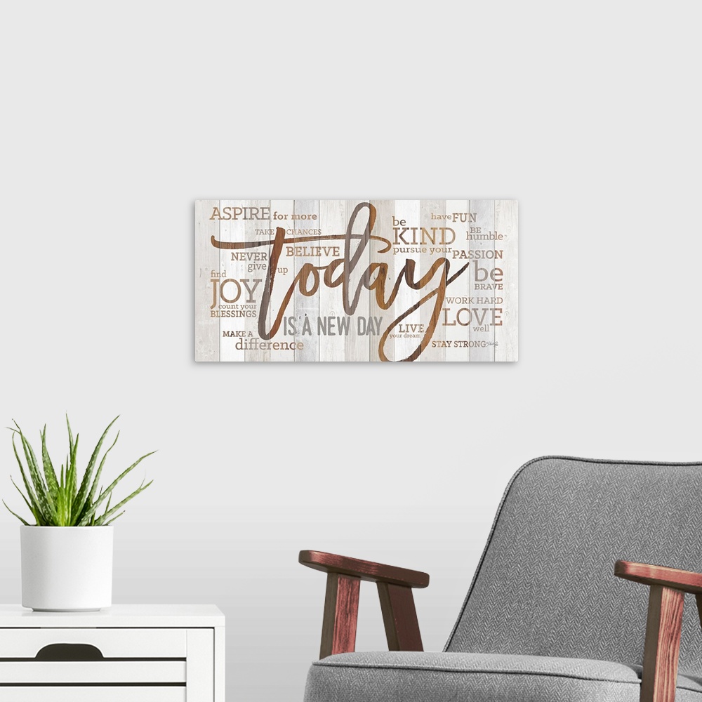 A modern room featuring Religious typography art with Christian-themed words surrounding Today Is A New Day in large text.