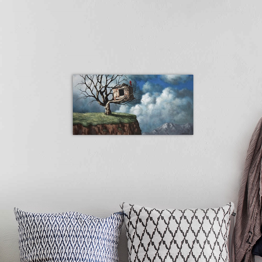 A bohemian room featuring Contemporary painting of a treehouse in a large tree over a cliff with cloudy skies.