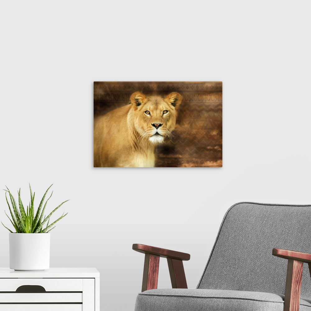 A modern room featuring Photograph of a lioness against a tribal patterned background.